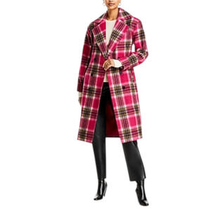 Aqua Outerwear Womens Coat Size Small Pink Plaid Belted Double Breasted Feminine